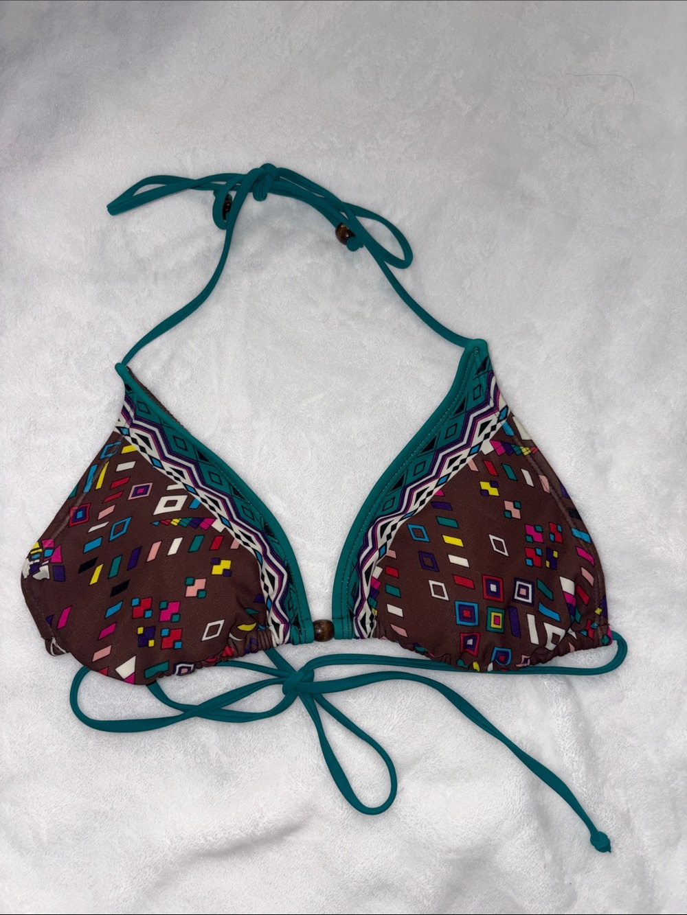 Earthy Boho Geometric Print Halter Bikini Top Multi Diamond Print Y2K Style